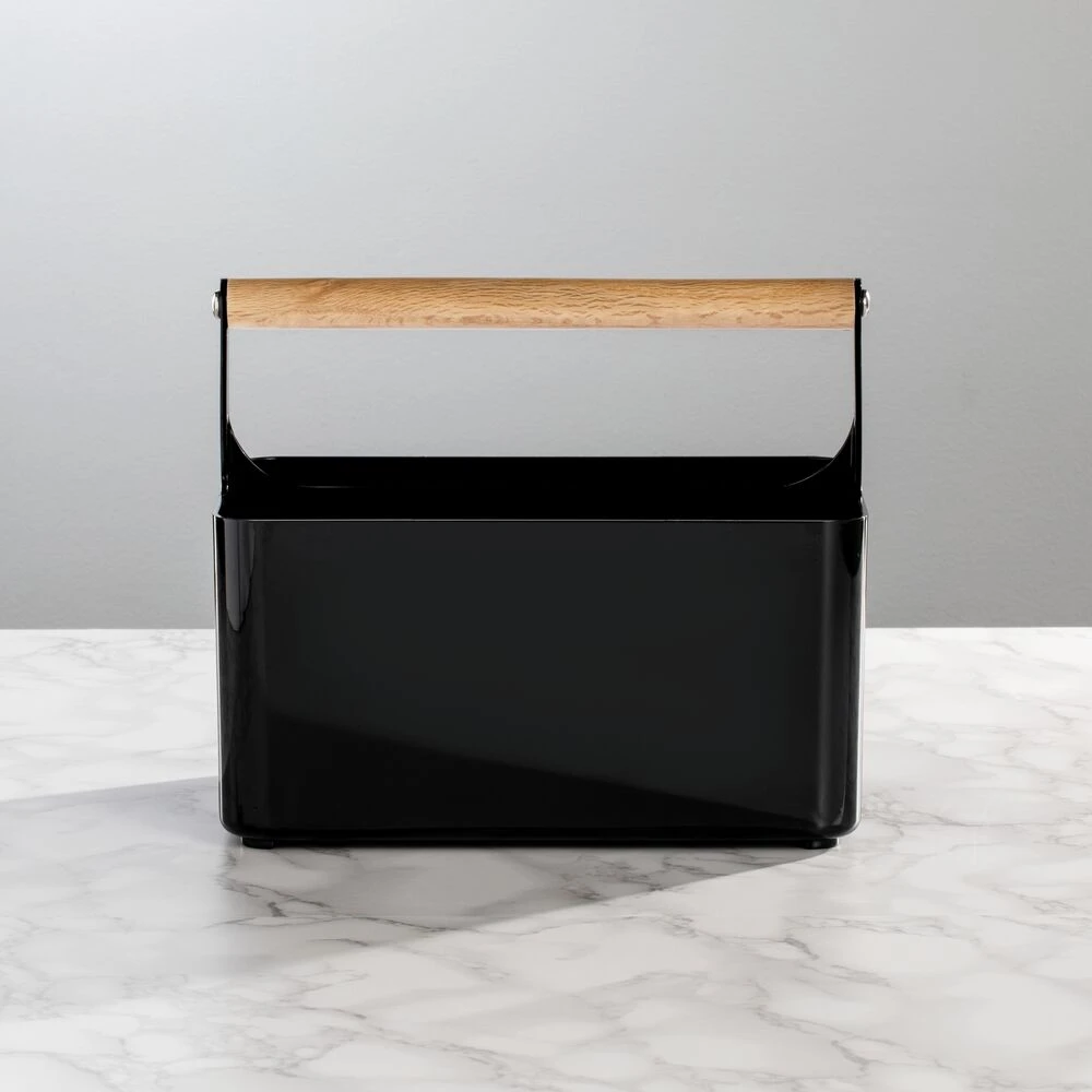 Divided Bathroom Caddy With Bamboo Handle 1 Divided Bathroom Caddy With Bamboo Handle