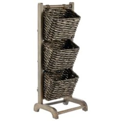 3-Tier Wood + Hyacinth Basket Stand