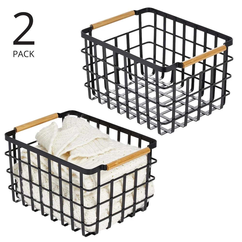 Wire Closet Basket With Bamboo Handles 14 X 10 X 8 5 Wire Closet Basket With Bamboo Handles 14 X 10 X 8 - Image 5