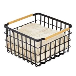 Wire Closet Basket With Bamboo Handles 14 X 14 X 8 -Home storage 1600 Square JPG RFQ 42739 black OLg