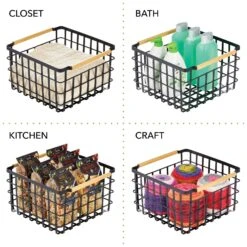 Wire Closet Basket With Bamboo Handles 14 X 14 X 8 -Home storage 1600 Square JPG RFQ 42739 black detail2