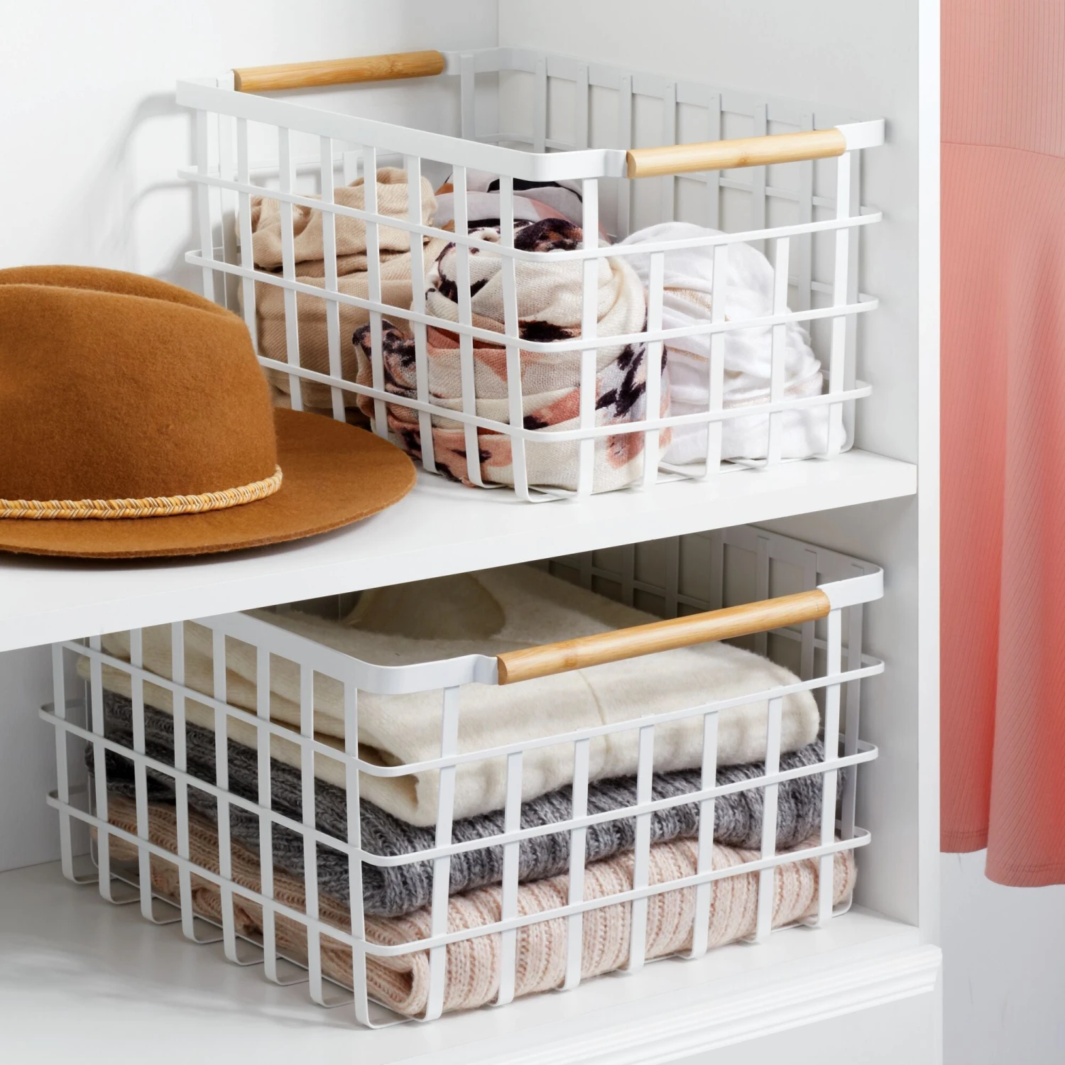 Wire Closet Basket With Bamboo Handles 14 X 10 X 8 7 Wire Closet Basket With Bamboo Handles 14 X 10 X 8 - Image 7