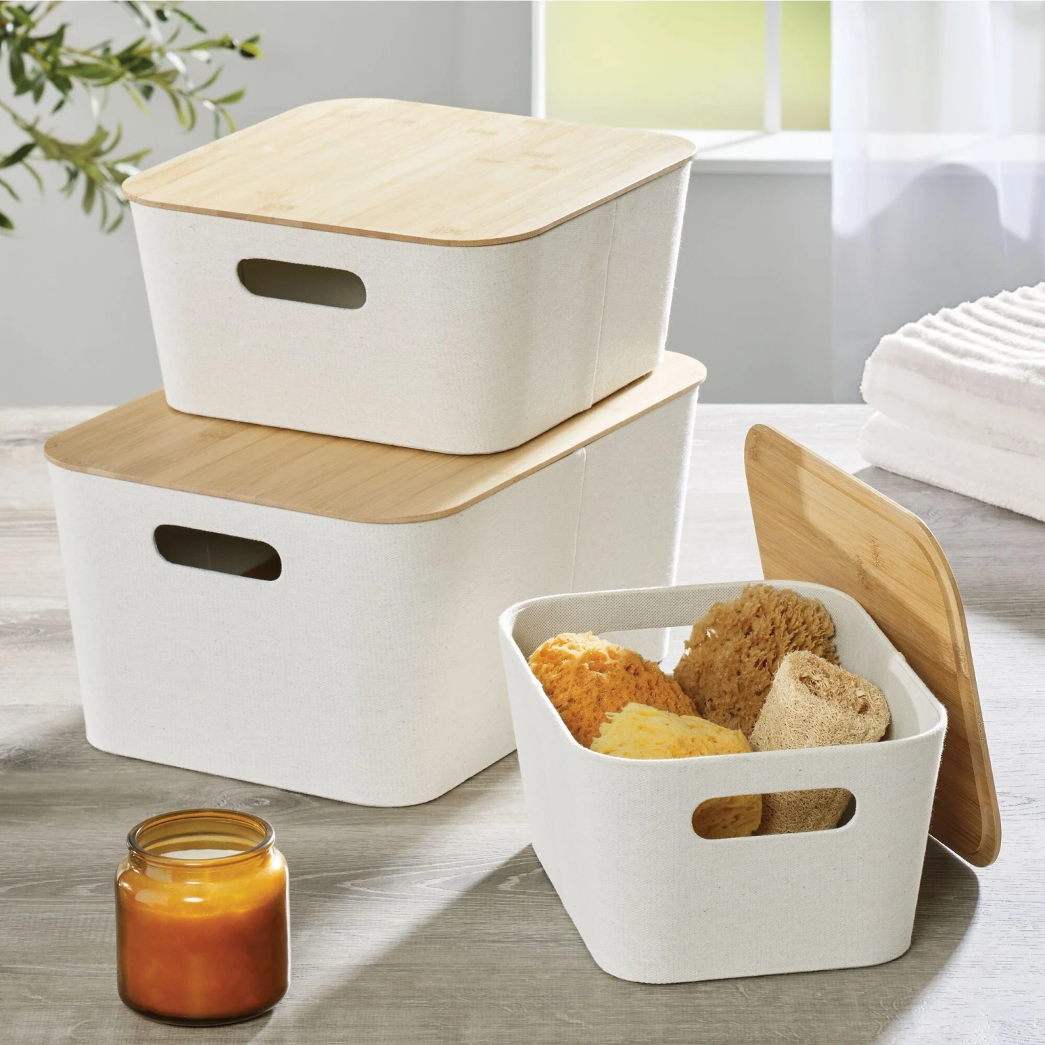 Stackable Fabric Bins With Bamboo Lids 16 X 12 X 8 2 Stackable Fabric Bins With Bamboo Lids 16 X 12 X 8 - Image 2