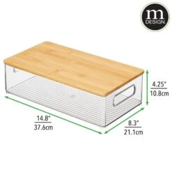 Clear Stackable Bins With Bamboo Lids 15 X 8 X 4 -Home storage 2000 Square JPG 20432MDK dims